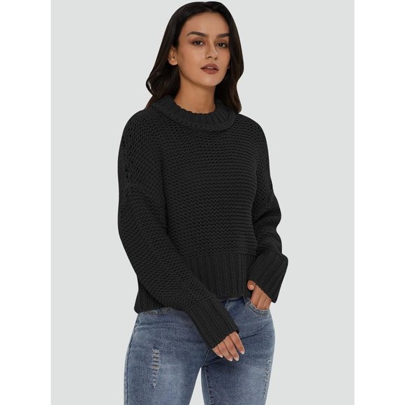 Women's Crewneck Chunky Knit Batwing Long Sleeve Loose Pullover Sweaters Tops - Picture 4 of 6